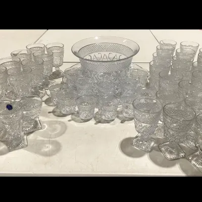 Sale Photo Thumbnail #387: Lot 9083 cape cod glass punch bowl platter cups goblets