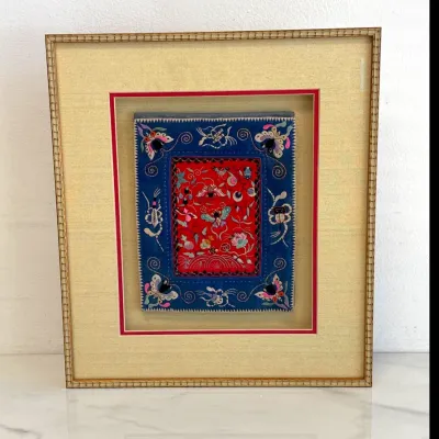 Sale Photo Thumbnail #350: Lot 9046 framed antique chinese embroidered silk purse pocket