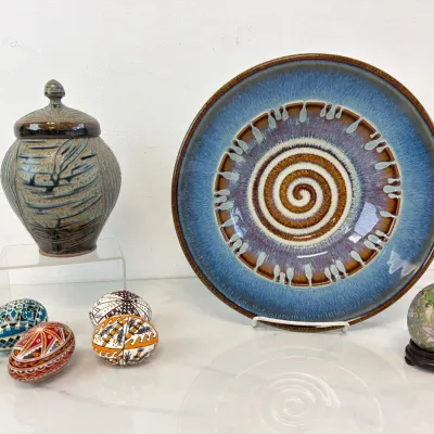 Sale Photo Thumbnail #98: Lot 8778 studio pottery hand painted blown eggs cloisonne egg