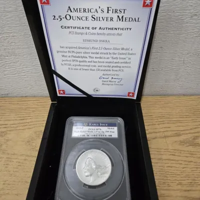 Sale Photo Thumbnail #40:  Americas 1st 2.5 Ounce Silver Medal 99.9% 2019-P PCGS SP70