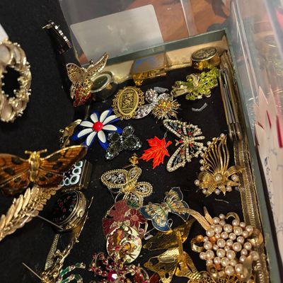 Assortment of vintage costume jewelry brooches and pins, featuring butterfly, floral, and insect motifs with rhinestones, enamel, and...