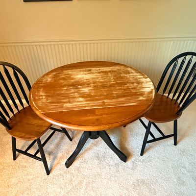 Round Pedestal Dining Table and Two Chairs