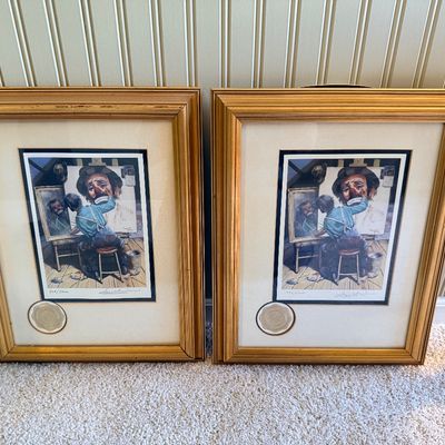 Pair of Framed Emmett Kelly Clown Prints by Leigh Jones