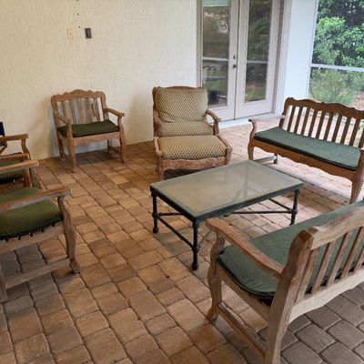Sale Photo Thumbnail #138: Rustic wooden patio furniture set including two benches, multiple armchairs 