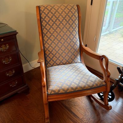 Sale Photo Thumbnail #93: Vintage wooden rocking chair featuring carved swan neck