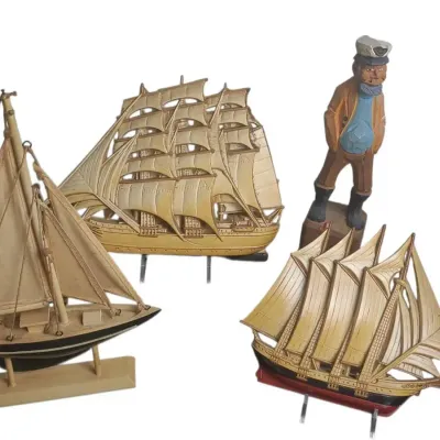 DO113 Three Wooden Nautical Ships & Wooden Captain Figurines 