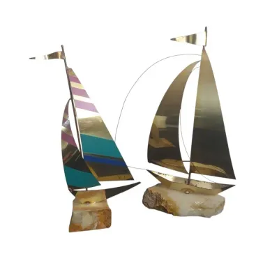 DO114 Pair of Signed Brass Sailboat Sculptures On Onyx Bases