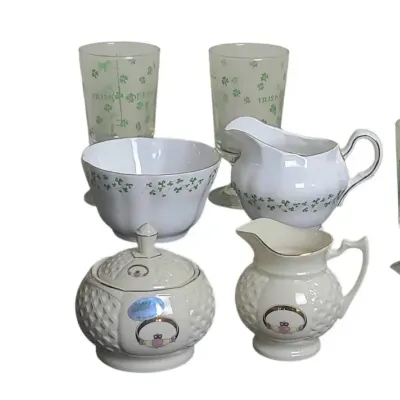 DO130 Belleck Irish Coffee Set & Donegal Claddagh Sugar/ Creamer Set