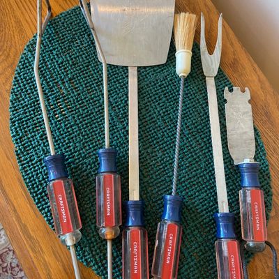 Sale Photo Thumbnail #81: Vintage Craftsman 5-piece grilling tool set featuring screwdriver-style clear blue and red handles.