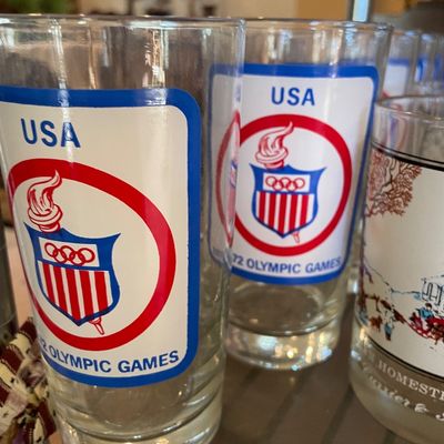 Sale Photo Thumbnail #109: Vintage 1972 USA Olympic Games commemorative highball glasses featuring red, white &  blue logo graphics.
