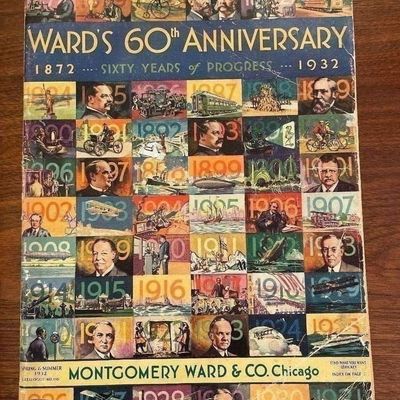 Sale Photo Thumbnail #74: Vintage 1932 Montgomery Ward & Co. 60th Anniversary Spring & Summer mail-order catalog featuring an illustrated grid cover with historical timeline scenes.
