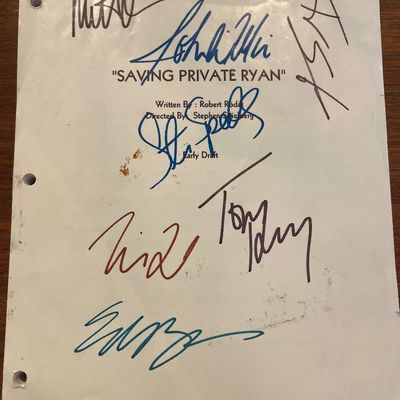 Sale Photo Thumbnail #79: Autographed cover page for an early draft script of the movie "Saving Private Ryan", featuring signatures from cast members in various colored inks.