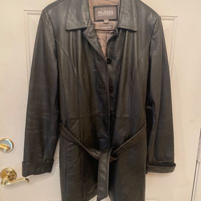 Sale Photo Thumbnail #182: Wilsons Leather women's black leather coat with tie belt, size large.