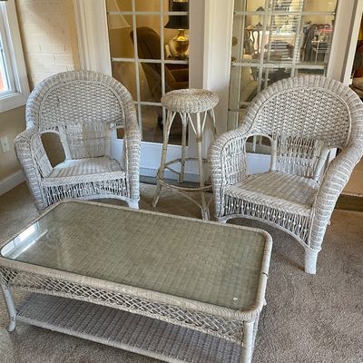 Sale Photo Thumbnail #14: Painted vintage wicker patio/sunroom furniture including two armchairs, a glass-top coffee table, and a small tall plant stand. Pieces priced separately.