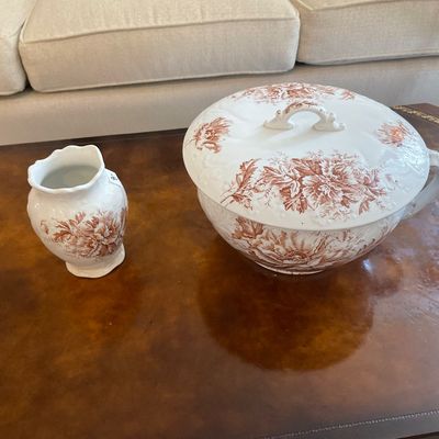 Sale Photo Thumbnail #24: Two-piece antique  transferware pieces including a small cup and a large covered chamber pot