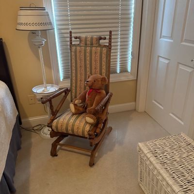 Sale Photo Thumbnail #34: Vintage upholstered wooden platform glider rocker featuring striped floral fabric