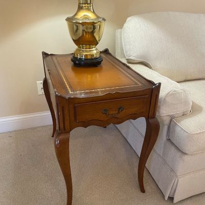 Sale Photo Thumbnail #6: French Provincial style leather-top side table with cabriole legs and single drawer.