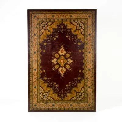 Sale Photo Thumbnail #55: Traditional Persian-style area rug featuring a central medallion on a deep burgundy field with gold and olive green borders.