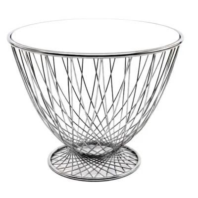 Sale Photo Thumbnail #84: Mid-century modern wire basket side table with a white laminate top and a chrome-plated steel wire base.