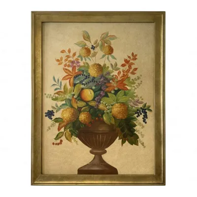 Sale Photo Thumbnail #69: Framed still life painting depicting a lush arrangement of fruit, flowers, and foliage in a classical urn, presented in a simple gold-finished frame.