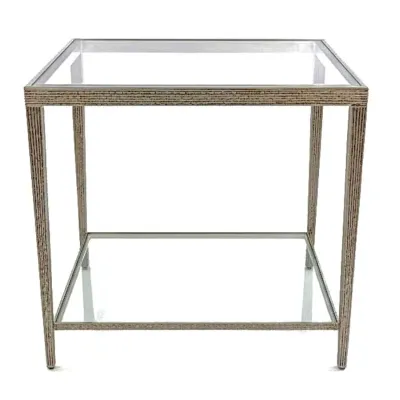 Sale Photo Thumbnail #38: Contemporary two-tier end table featuring a textured, silver-gilt finished metal frame with inset glass top and lower shelf.