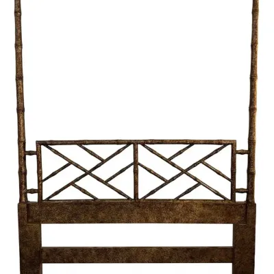 Sale Photo Thumbnail #37: Chippendale-style faux bamboo four-poster headboard with a distressed gold-bronze finish and geometric lattice detailing.