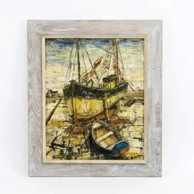 Sale Photo Thumbnail #34: Vintage oil painting depicting beached fishing boats, housed in a rustic, whitewashed wooden frame.