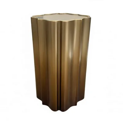 Sale Photo Thumbnail #10: Contemporary fluted pedestal side table with a metallic gold finish and an inset glass top.