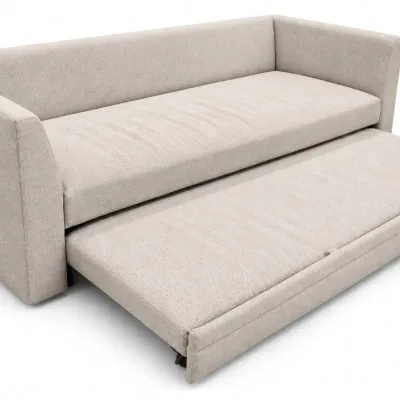 Sale Photo Thumbnail #40: Modern daybed upholstered in a light beige textured fabric, featuring a pull-out trundle bed on wheels.