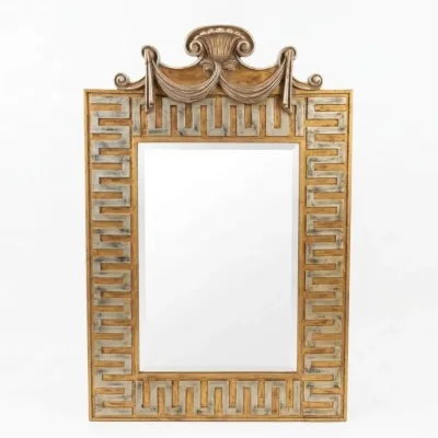 Sale Photo Thumbnail #4: Neoclassical style wall mirror featuring a gold and silver-gilt frame with a Greek key pattern and an ornate shell and drape pediment.