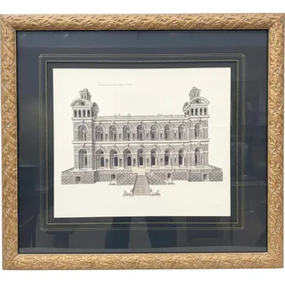 Sale Photo Thumbnail #45: Framed architectural engraving depicting a grand classical building facade, presented in a dark mat with a decorative gold-toned frame.