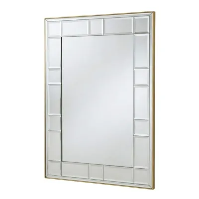Sale Photo Thumbnail #15: Large rectangular wall mirror featuring a paneled, beveled glass border and a slim gold-finished outer frame.