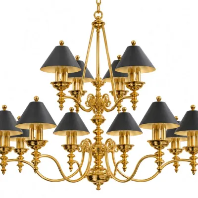 Sale Photo Thumbnail #80: Traditional two-tier brass chandelier featuring twelve lights with black conical shades and gold interiors.