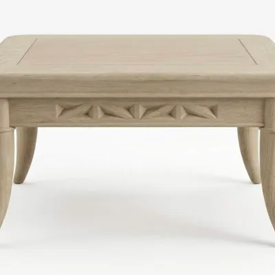 Sale Photo Thumbnail #24: Light oak coffee table featuring a carved geometric apron and curved, tapered legs.