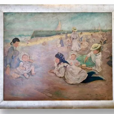 Sale Photo Thumbnail #85: Impressionist-style oil painting depicting women and children on a beach, housed in a wide, textured silver-gilt frame.