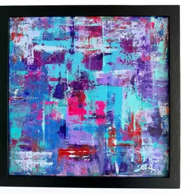 Sale Photo Thumbnail #19: Contemporary abstract expressionist painting featuring a vibrant palette of blue, purple, and pink, presented in a simple black frame.