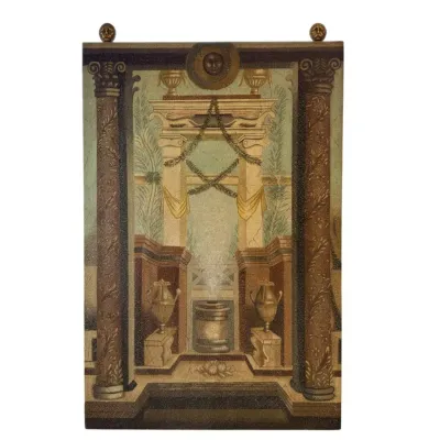 Sale Photo Thumbnail #54: Classical trompe l'oeil style wall hanging depicting an ancient Roman architectural scene with columns, urns, and a central fountain.