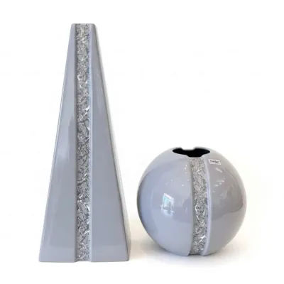 Sale Photo Thumbnail #39: Pair of contemporary gray ceramic vases by Haeger, featuring a tall obelisk shape and a round globe shape, both accented with a textured silver glitter stripe.