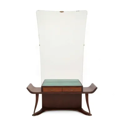 Sale Photo Thumbnail #62: Italian mid-century modern vanity table designed by Paolo Buffa, featuring a tall, tapered mirror, green glass top, and two drawers flanked by curved side benches.