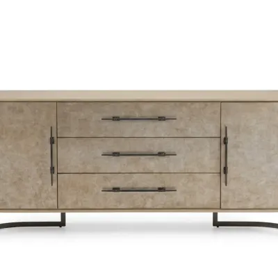 Sale Photo Thumbnail #64: Contemporary sideboard featuring a textured beige finish, three central drawers, two side cabinets, and dark metal hardware and curved base legs.