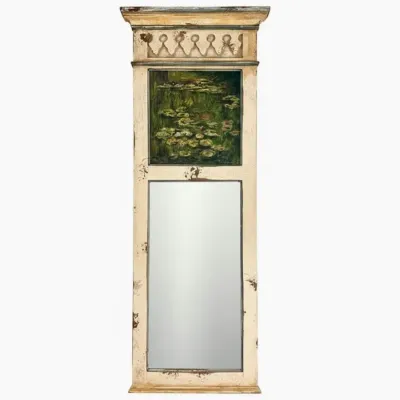 Sale Photo Thumbnail #71: Trumeau mirror in a distressed cream-painted frame, featuring a top panel with a painted reproduction of Claude Monet's water lilies.