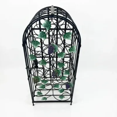 Sale Photo Thumbnail #21: Arched black metal wine jail with a latching door, featuring decorative green metal grape leaves and purple grape clusters.