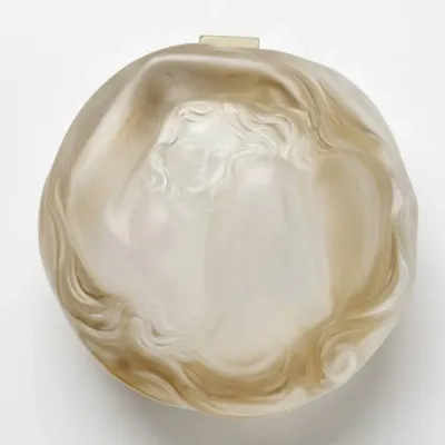 Sale Photo Thumbnail #14: Art Nouveau style frosted glass powder box featuring a relief design of a woman with flowing hair.
