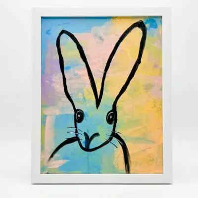 Sale Photo Thumbnail #73: Contemporary abstract painting of a rabbit in black outline over a pastel blue, yellow, and pink background, presented in a simple white frame.