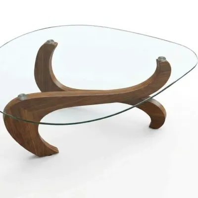 Sale Photo Thumbnail #22: Mid-century modern style coffee table featuring a triangular glass top supported by a sculptural, interlocking wooden base.