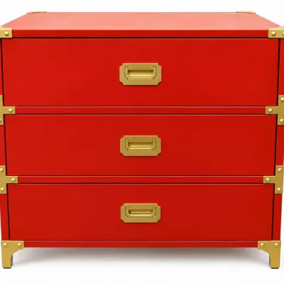 Sale Photo Thumbnail #72: Campaign-style three-drawer chest in a vibrant red lacquer finish, featuring brass corner brackets and recessed drawer pulls.