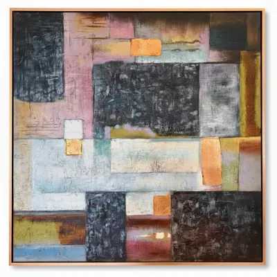Sale Photo Thumbnail #76: Large abstract mixed media painting featuring textured geometric blocks in muted tones with gold leaf accents, housed in a thin copper-toned frame.