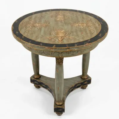 Sale Photo Thumbnail #28: Italian Neoclassical style painted and parcel-gilt round side table, featuring a distressed sage green and black finish with ornate gold-painted urn motifs.