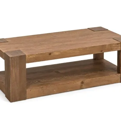 Sale Photo Thumbnail #16: Rustic solid wood coffee table featuring a chunky block-leg design and a lower storage shelf.