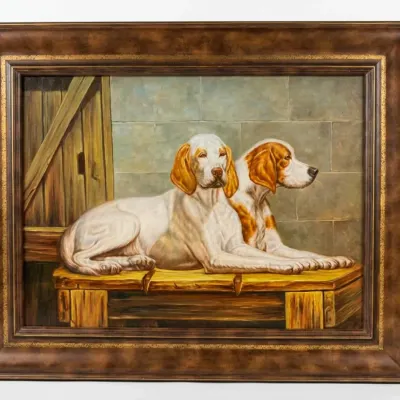 Sale Photo Thumbnail #59: Framed oil painting depicting two hunting dogs resting on a wooden bench, housed in a wide, ornate brown and gold frame.
